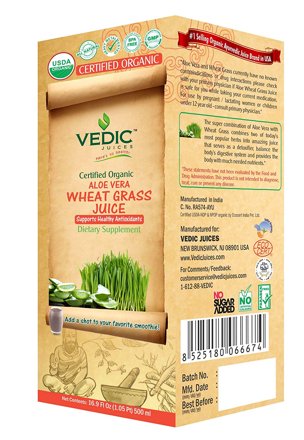 Vedic Juices Wheat Grass In Aloe Vera 500 Ml USDA Organic Juice 36859