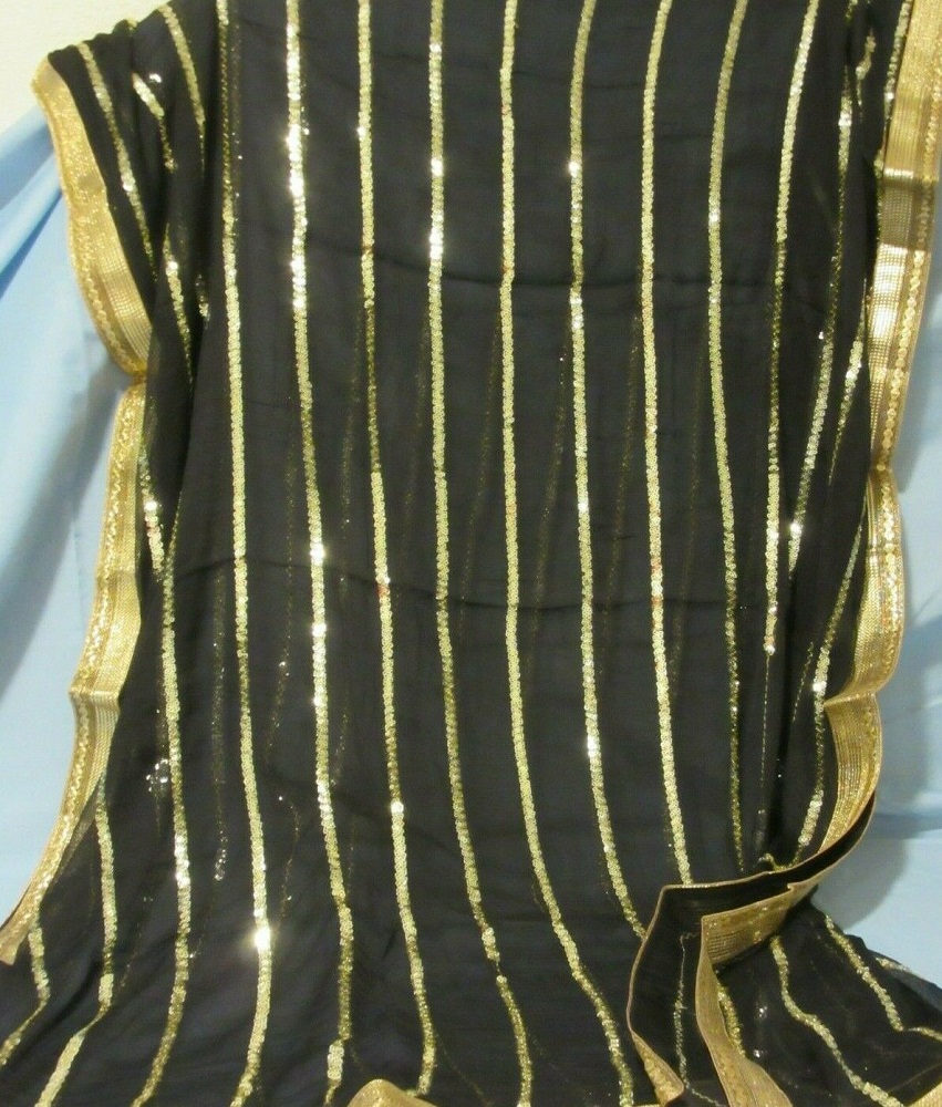 Scarf 2151101 Black Georgette Golden Sequins Fancy Dupatta Chunni Shawl ...