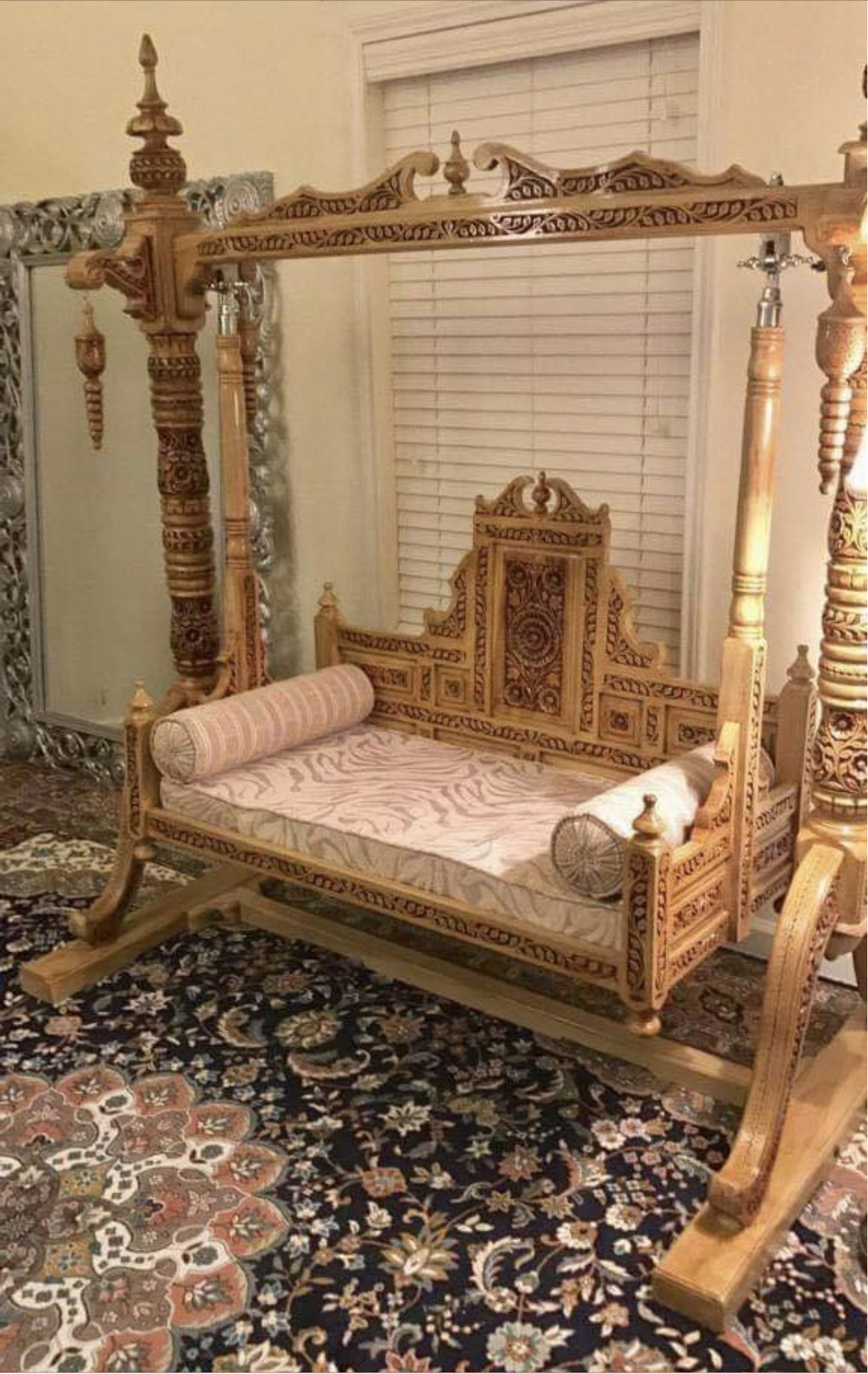 Carved Walnut Indian Swing  Jhula for Living Room 39836 