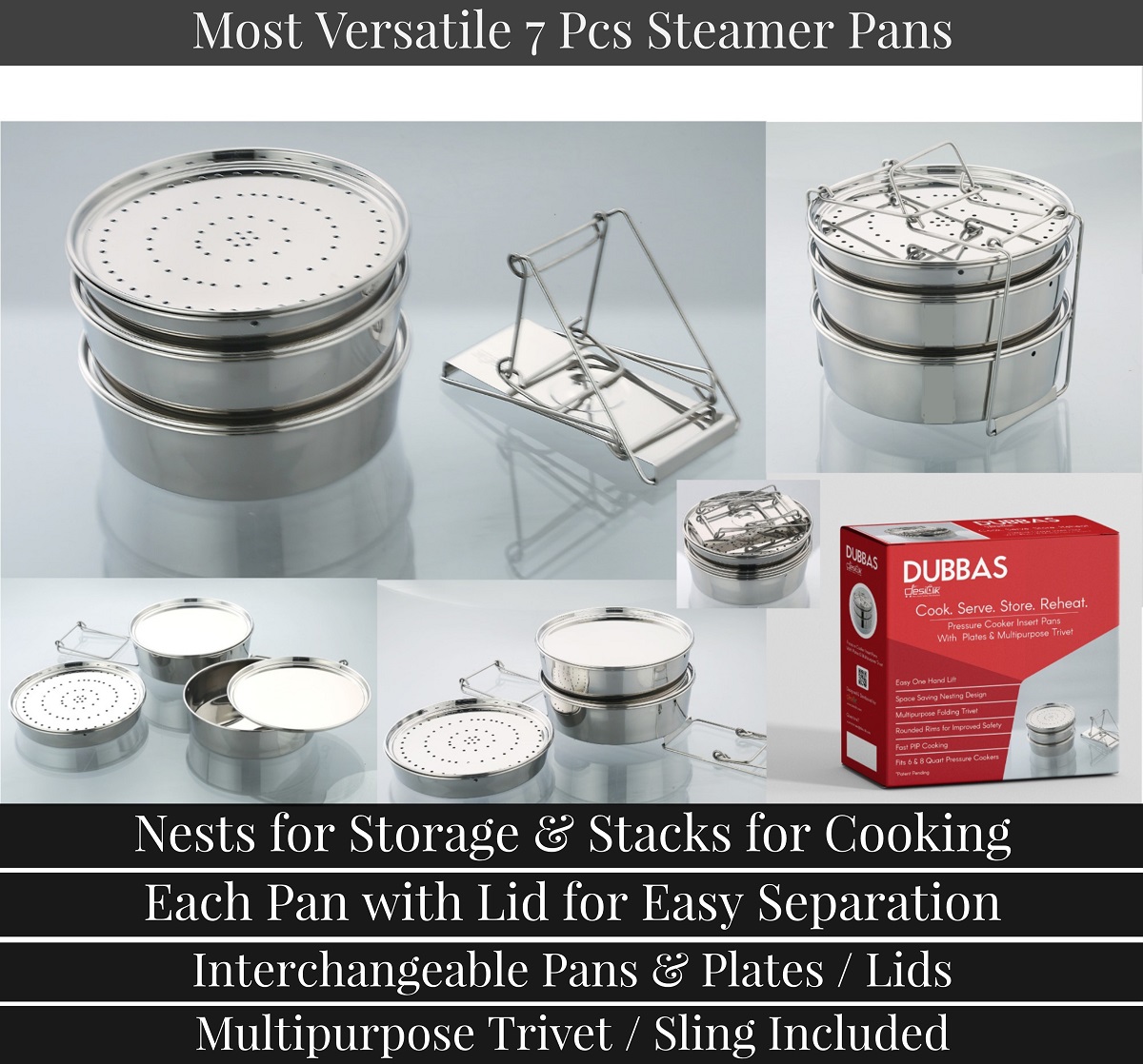Dubbas - Premium Quality 3 Tier Stainless Steel Stacking Insert  Pans/Steamer Compatible with 6 Quart Instant Pot Cooker PIP w/Lids/Plates 