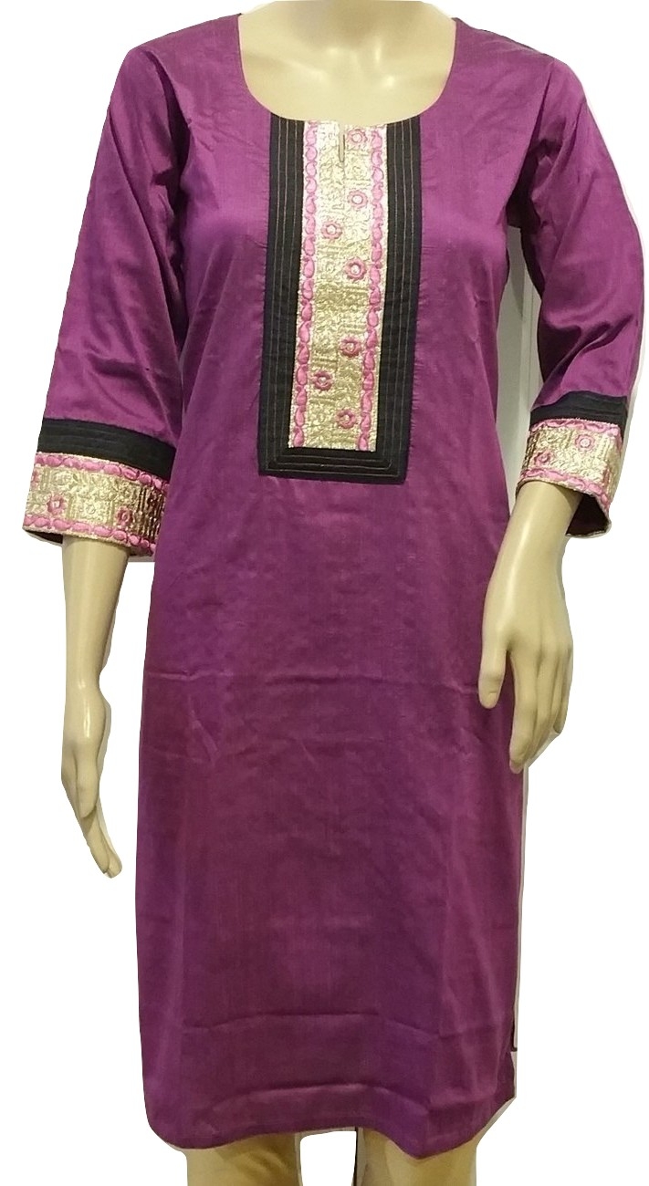 Purple Cotton Silk Kurti Tunic with Brocade on Neck and Sleeves Size 38 ...