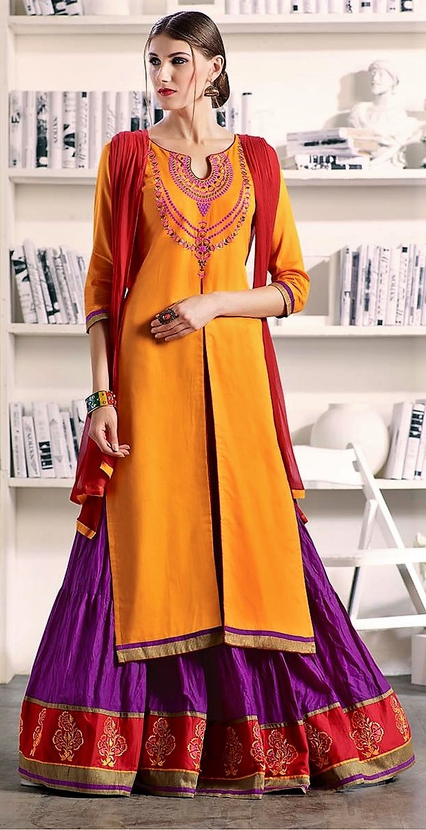 Purple and orange Banarasi lehenga | Cotton clothes women, Half saree  lehenga, Chiffon blouses designs