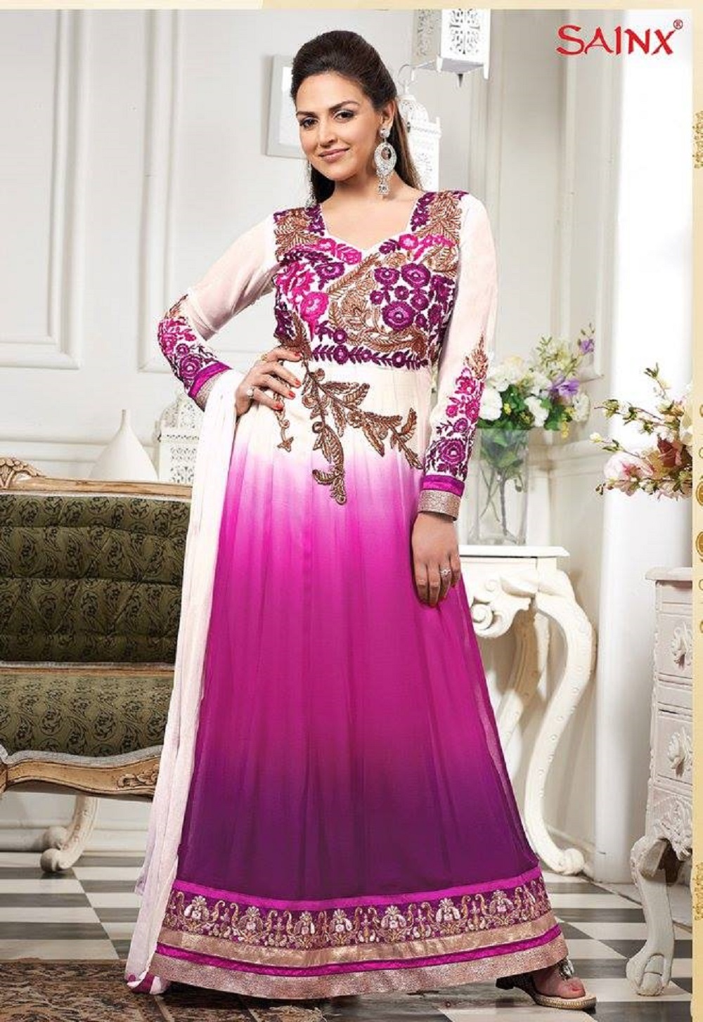 Pink colored touchfloor gown with Blue jacquard border and blue belt - Judki