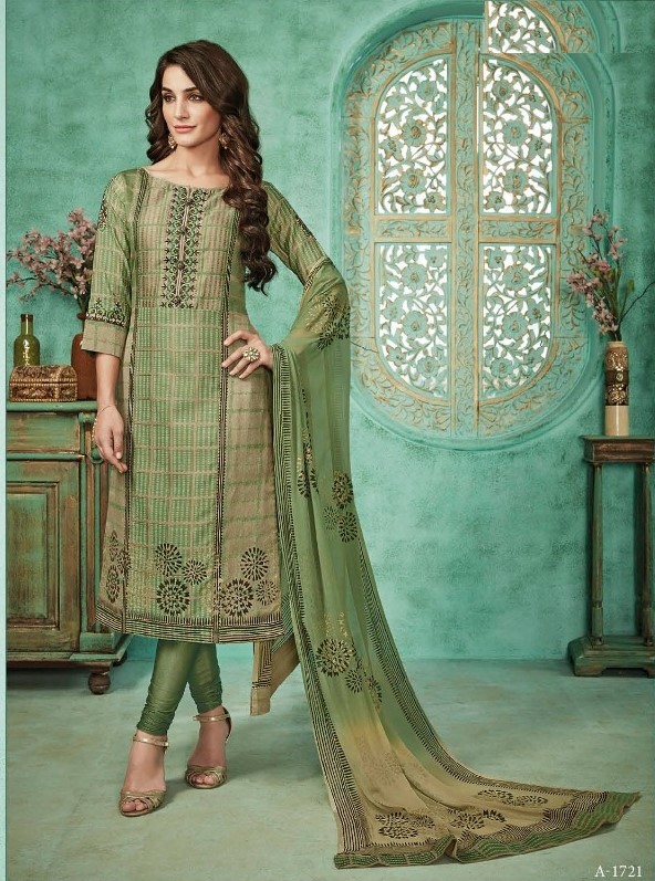Pretty Light Green Raw Silk Churidaar Salwar Kameez ( L ) #32168 | Buy ...