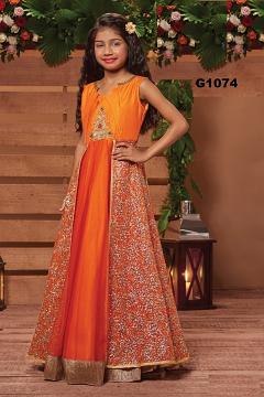 Festive Orange Long Frock Gown Party wear Dress for Girls 27796 DesiClik USA