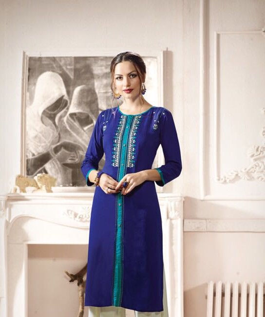 Blue Kurti with Teal and White Embroidery ( L / 2XL) #31011 | DesiClik ...