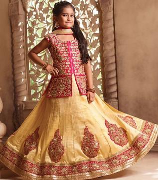 Golden Pink Embroidered Girls Lehenga w Skirt Small Choli Top 10 13 Yr 30121 DesiClik USA