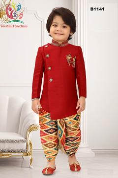 Maroon Jodhpuri Suit w Ikkat Printed Dhoti for 1 to 11 Year Boys 41407 DesiClik USA