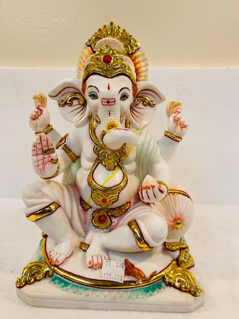 White Fiber in Marble Finishing W/Golden Color Ganesh Statue W/Mouse ...