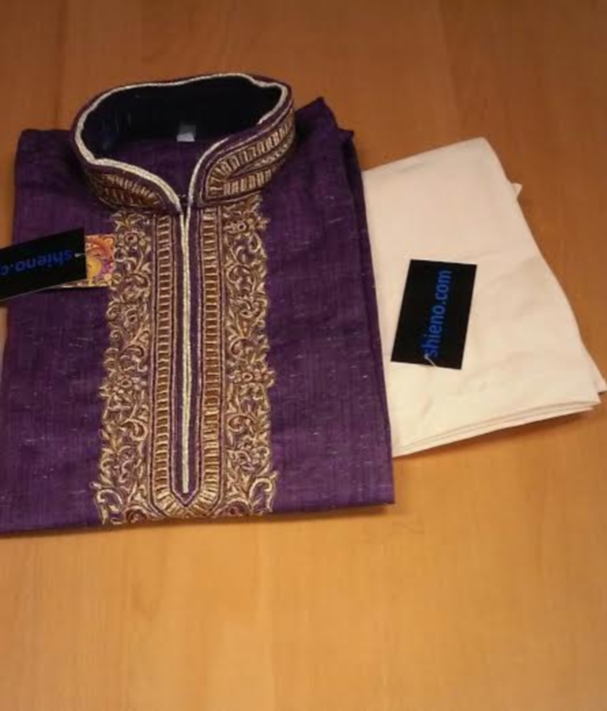 Men's Party Wear Embroidered Purple Khadi Kurta Pajama Set ( S / M)