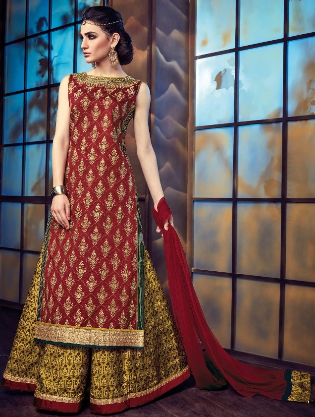 Maroon & Gold Designer Silk Anarkali and Plazzo Suit ( L ) #28591 | Buy ...