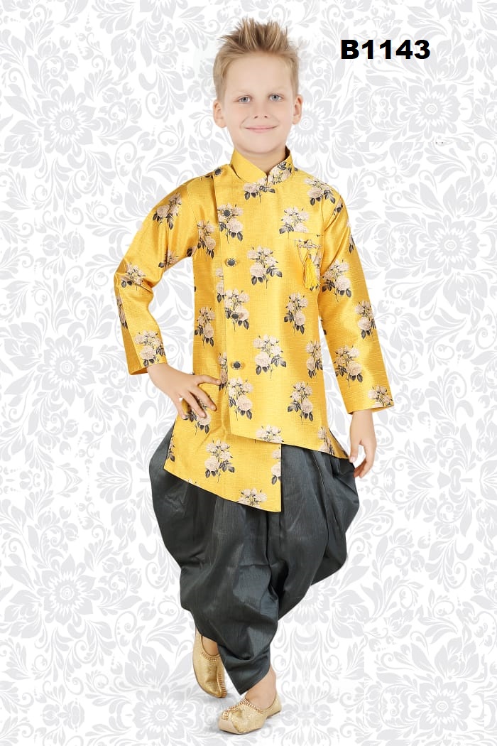 Boys Yellow Floral Asymmetric Cut Kurta W Dhoti Pant 2 to 6