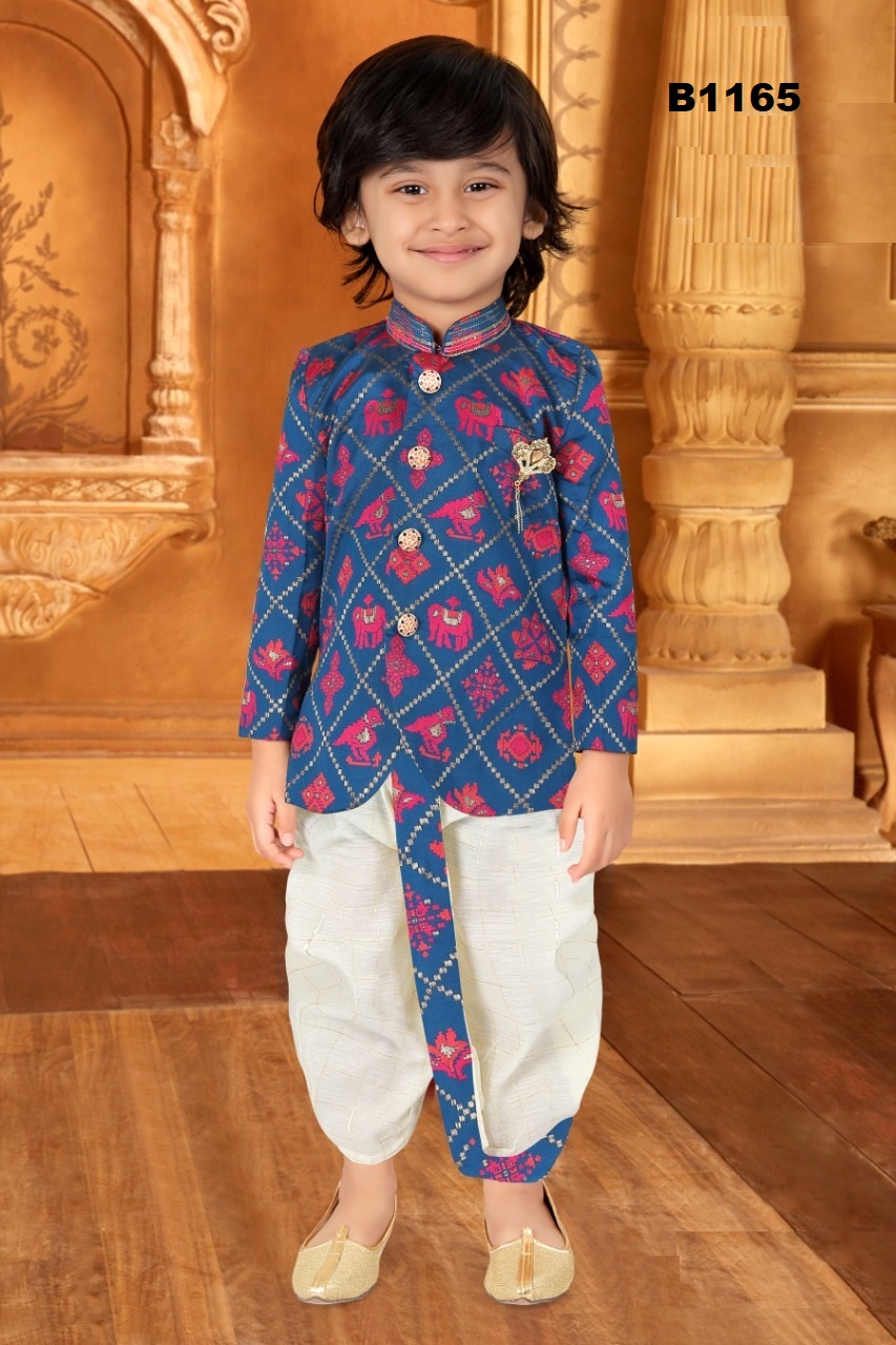 Boys Banarasi Silk Blue Kurta W/ Off White Checkered Dhoti Suit #47691 ...