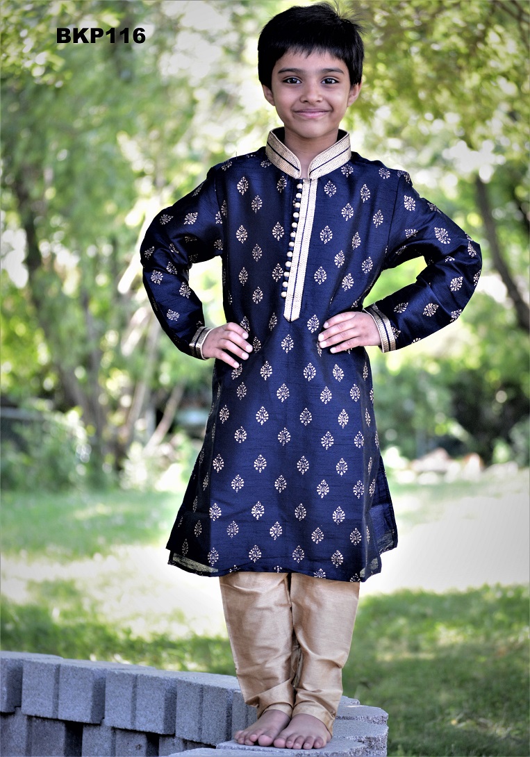 Navy Blue Silk w Gold Print Buti Kurta Pajama Set 36712 Buy Kids Silk Kurta Pajama Online