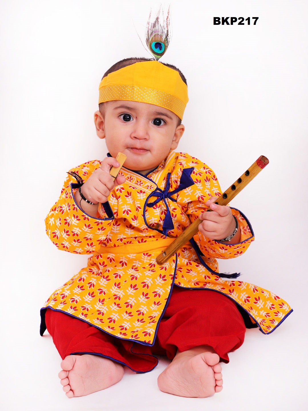 Pure Cotton Krishna Costume Yellow & Red Kurta Dhoti w/ Flute Included ...