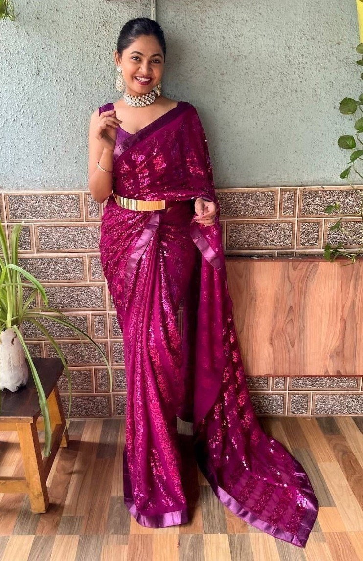 Burgundy sequin saree with blouse and gold belt #58912