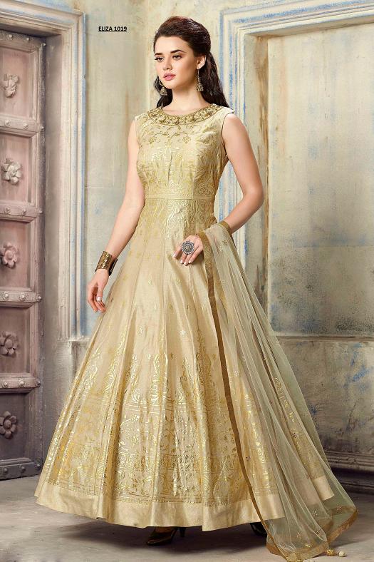 Fawn Banglori Silk Readymade Long Anarkali Suit (L) #34505 | Buy Online ...