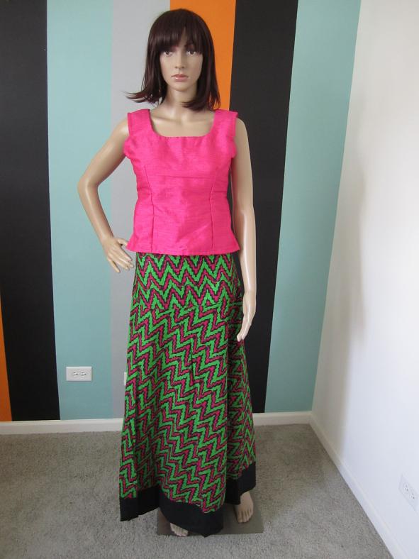 green and pink combination dress