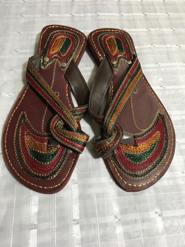 Rajasthani Style Sandals in Maroon w/ Red, Green, Mustered Thread Work ...
