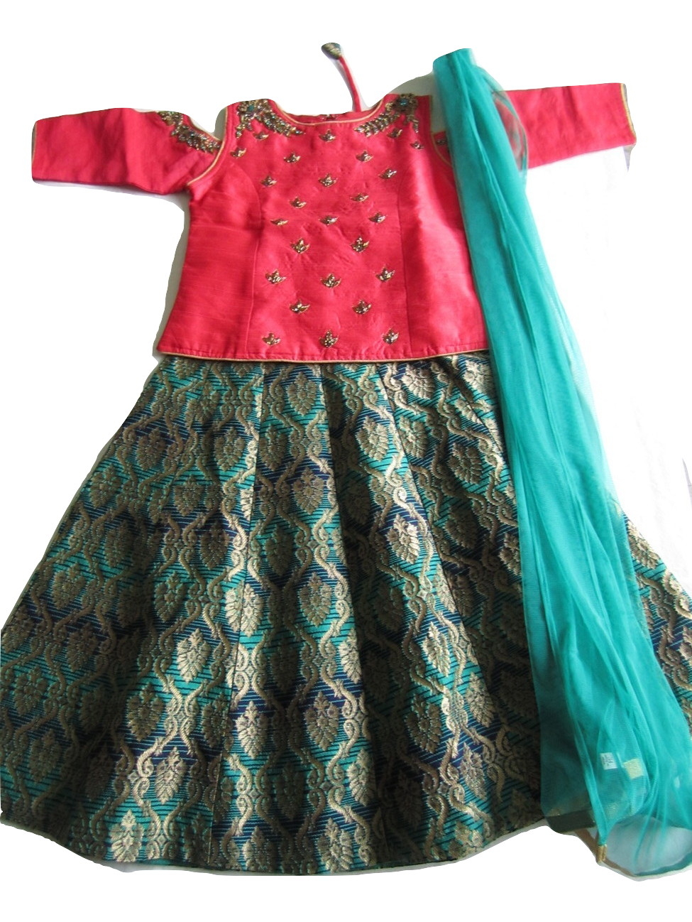 Silk kids lehenga pink and light green with patch work neck pattern an –  Prashanti Sarees