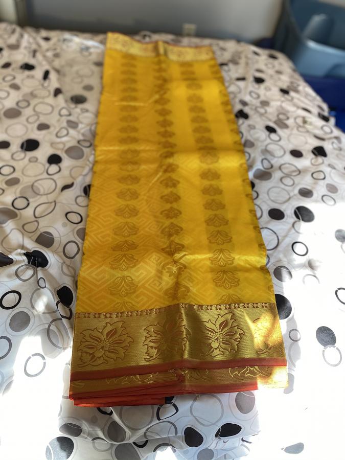 Golden Patti Contrast Jacquard Work Rich Look Soft Cotton Silk Saree Yellow  And Blue Color
