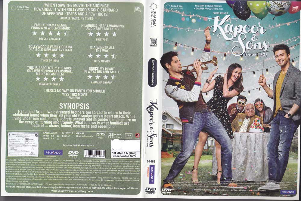 Kapoor Sons 2016 Hindi Movie DVD New Release HINDI FILIM DVD