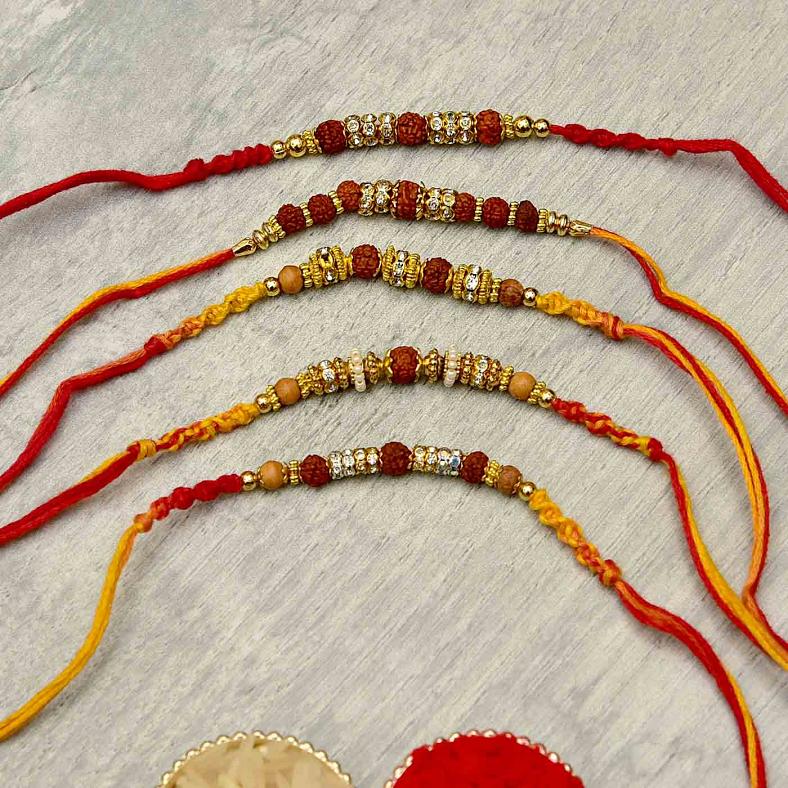 Set of 5 Beautiful Rudraksh Rakhis #34100 | Buy Online @ DesiClik.com, USA