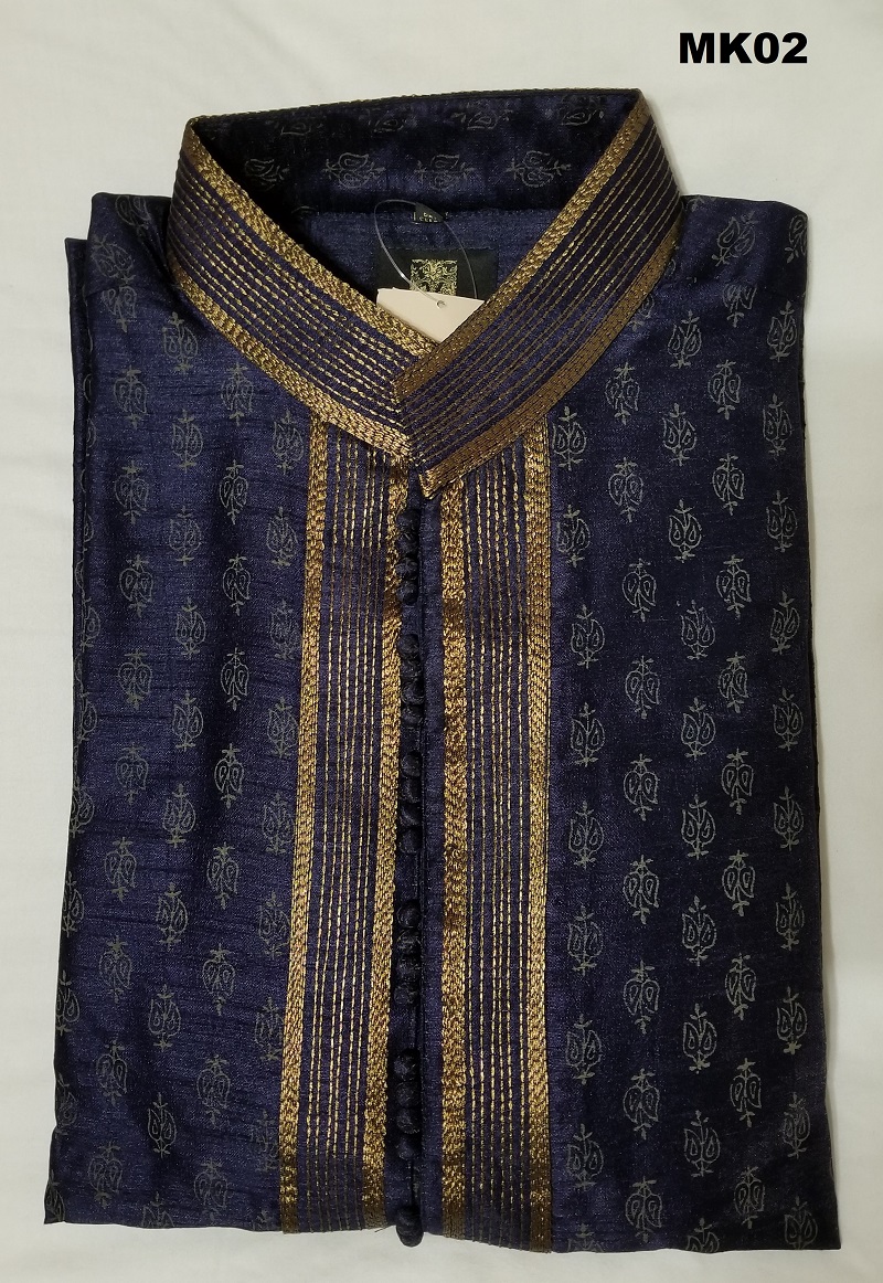 Men's Navy Blue & Gold Color Printed Raw Silk Kurta Pajama M/L #30955 ...