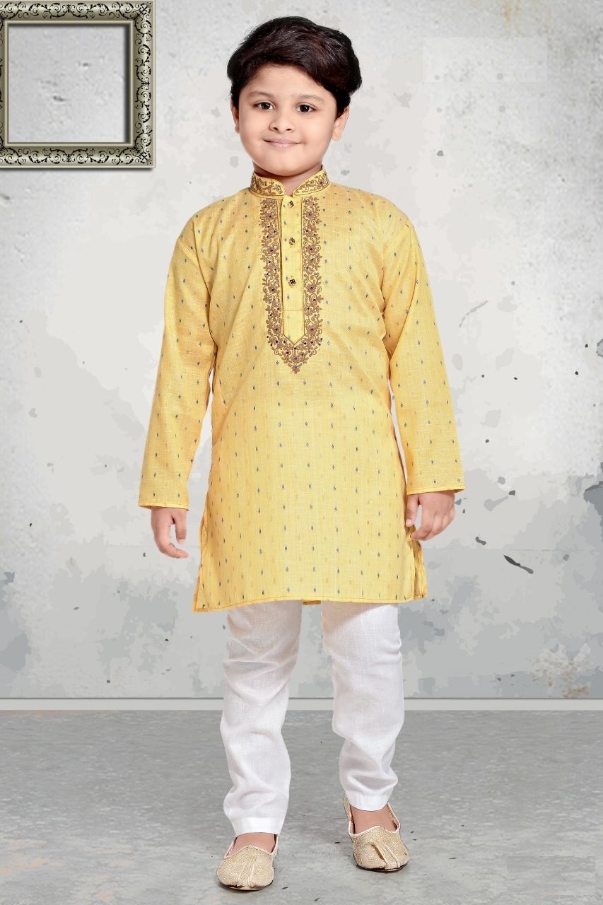 Boys Cotton Embroidered Lemon Yellow Kurta Pajama w/ Butti Work #30939 ...