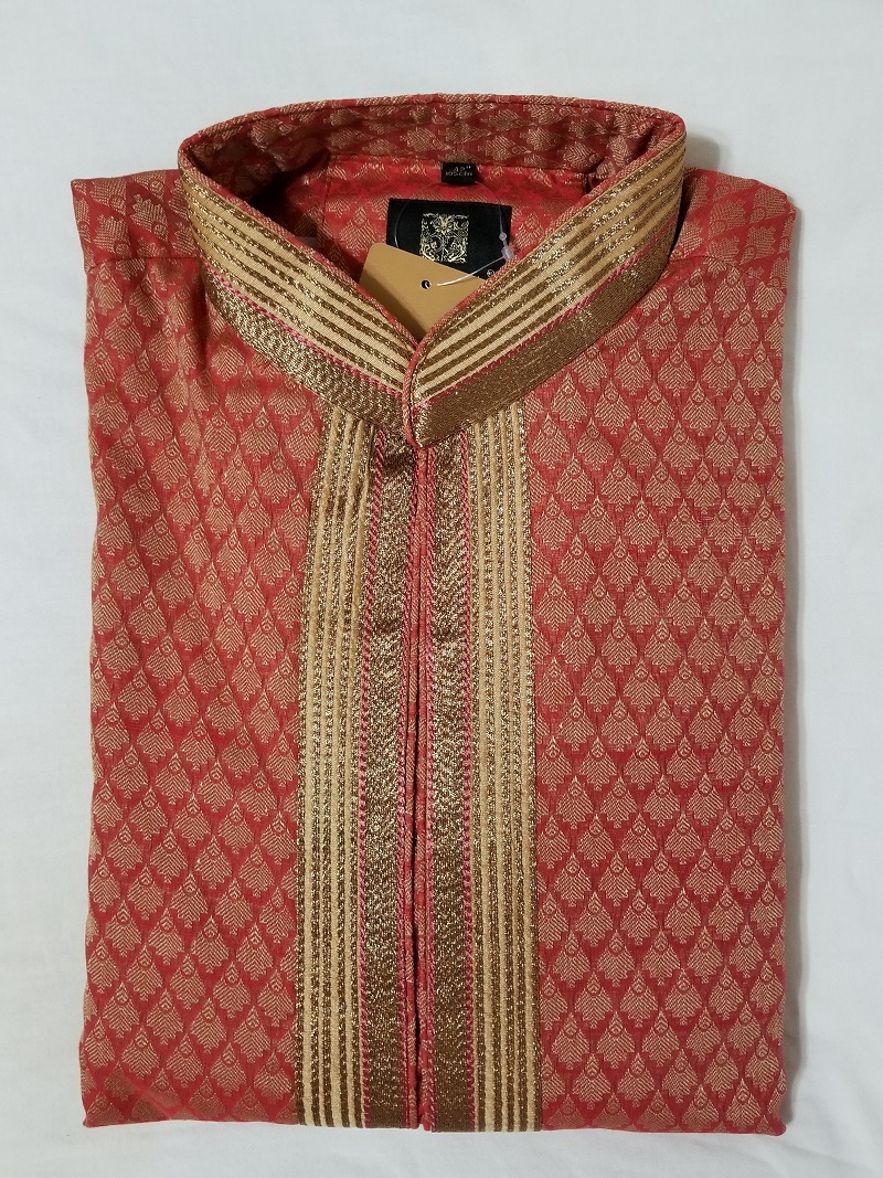 Men's Red & Gold Brocade Silk Kurta Pajama Set (L) #30973 | Buy Men ...