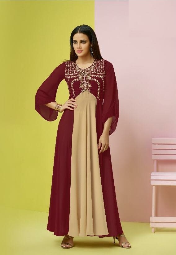 Maroon Beige Embroidered Beautiful Long Kurti Dress #33892 | Buy Online ...