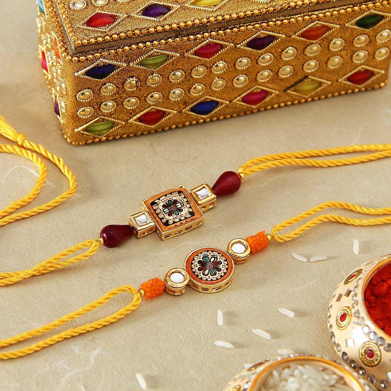 Rakhi GIft to India, Beautiful Meena & Kundan Stone 2 Rakhi Set 34048