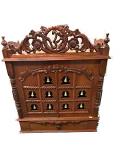 Wooden Puja Mandir for Home w/ Carving & Bells on Doors - 21"